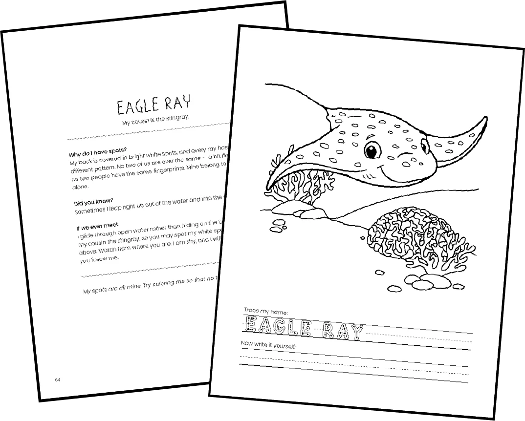 Two sample pages from the book: the Eagle Ray reading page, and the Eagle Ray coloring page with tracing practice